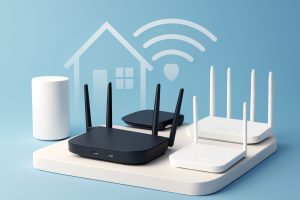 A selection of modern wireless routers displayed on a wooden table