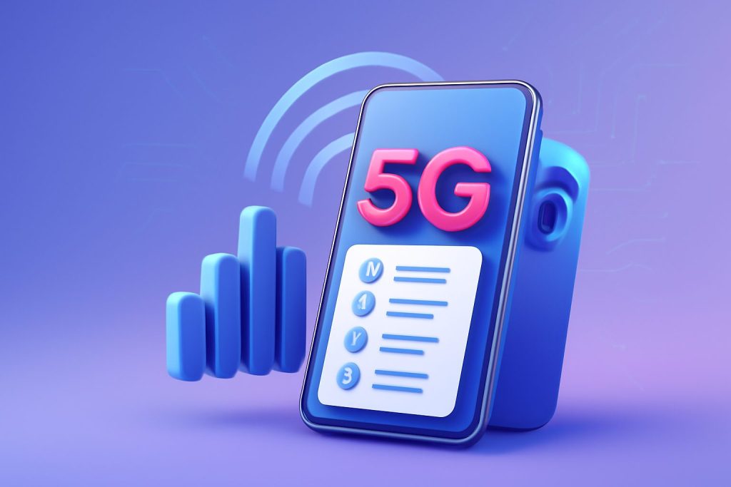 A variety of sleek, modern 5G smartphones displayed on a showroom table with subtle lighting