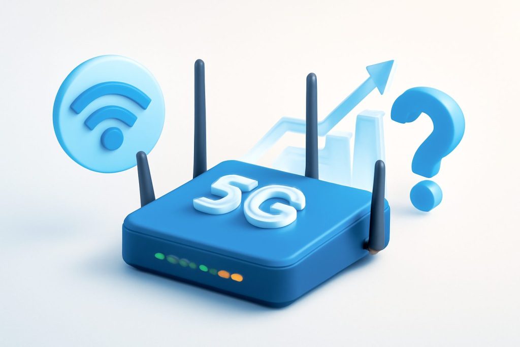 A modern, sleek 5G router placed on a wooden desk with glowing indicators