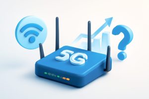 A modern, sleek 5G router placed on a wooden desk with glowing indicators