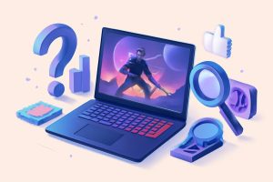 Futuristic gaming laptops displayed on a sleek black table under neon lighting