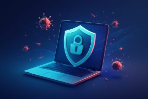 Various antivirus software boxes on a modern digital background