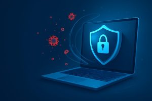 Digital workspace with floating antivirus icons and futuristic theme