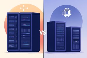 Two servers side by side, one with more connections symbolizing VPS