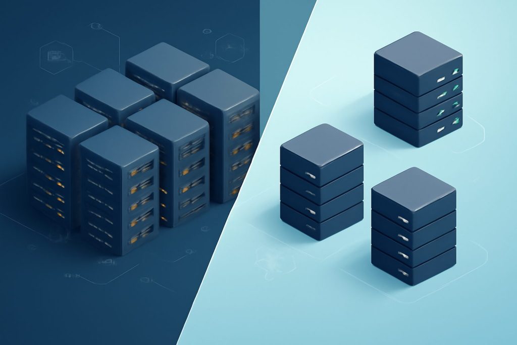 A modern server room with two sections symbolizing shared and VPS hosting
