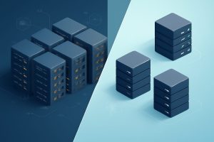 A modern server room with two sections symbolizing shared and VPS hosting