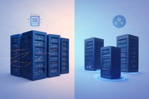 Two server stacks side by side representing shared and VPS hosting