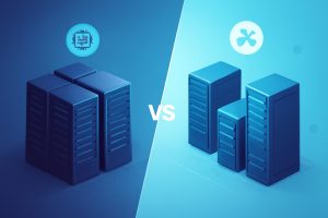 Two servers side by side, one representing shared hosting and the other VPS hosting