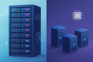 Data center servers with digital elements showcasing shared and VPS options