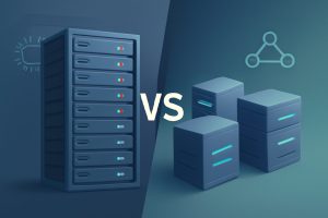 Two servers representing shared and VPS hosting with digital network elements
