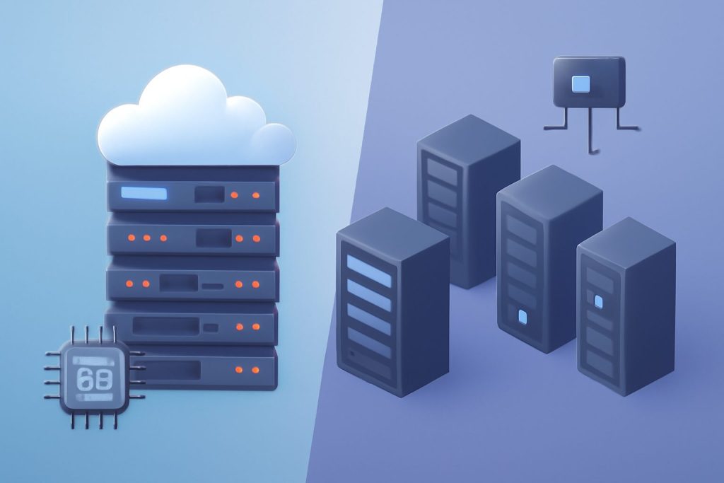 Two servers side-by-side with digital performance graphs overlay