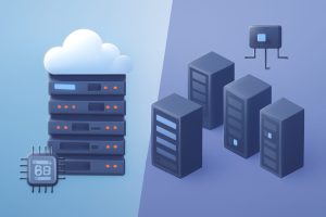 Two servers side-by-side with digital performance graphs overlay