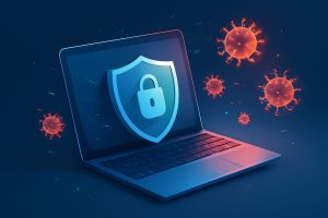 Modern computer screen with antivirus software interface and digital shield