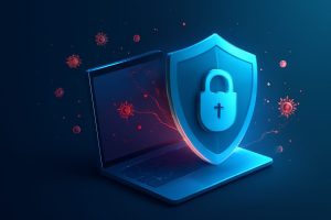 Various antivirus software icons around a shield symbol on a digital screen
