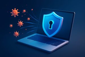 A futuristic digital interface displaying antivirus software icons and codes