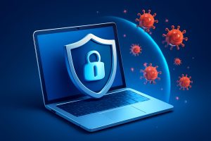 A family using various devices, with digital shield icons representing antivirus protection
