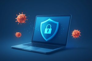 A sleek laptop with multiple antivirus icons visible on the screen