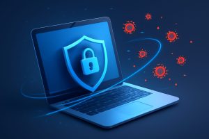 A futuristic digital landscape with antivirus icons and holographic interfaces