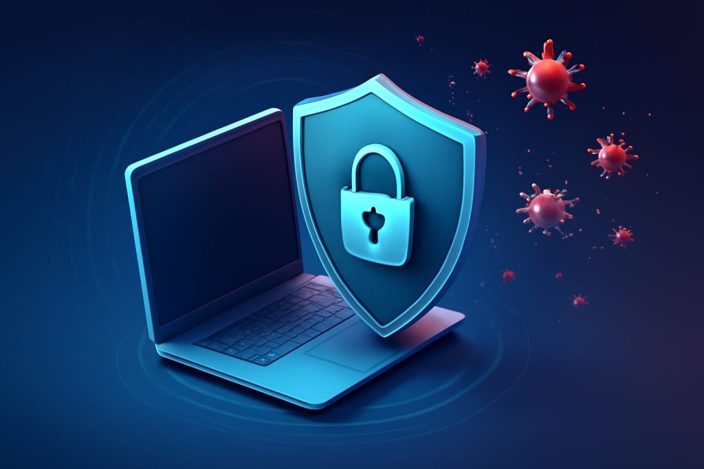 A sleek laptop displaying various antivirus software interfaces