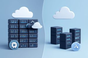 Three futuristic data centers side by side with digital cloud overlays