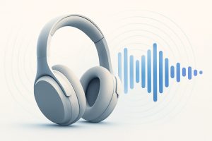 A modern pair of wireless headphones lying on a stylish wooden surface