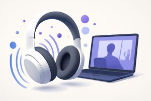 A modern home desk setup with headphones, laptop, and coffee cup