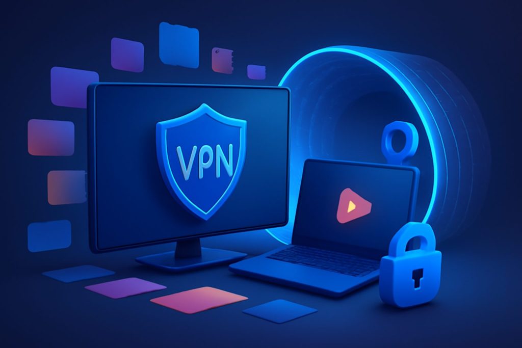 A person watching a movie on a laptop with a VPN interface on the screen