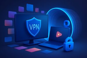 A person watching a movie on a laptop with a VPN interface on the screen