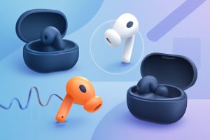 Different models of modern wireless earbuds laid out on a sleek surface