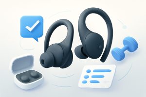 Assorted wireless earbuds on a wooden table against a gym backdrop
