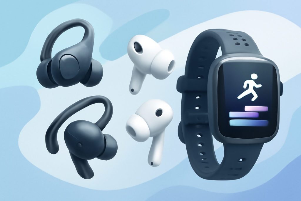 A close-up view of modern wireless earbuds on a gym bench