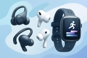 A close-up view of modern wireless earbuds on a gym bench