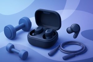Close-up of sleek wireless earbuds resting on a gym towel next to a water bottle