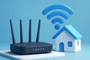 A modern home setting with a sleek wireless router on a wooden table