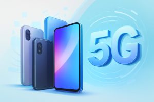 Close-up view of five modern 5G smartphones from 2025 arranged on a sleek table