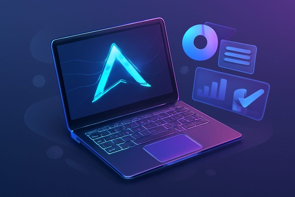 A sleek gaming laptop with RGB keyboard and futuristic design elements
