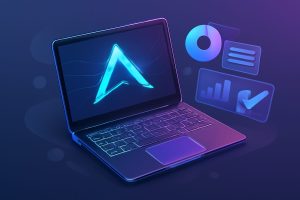 A sleek gaming laptop with RGB keyboard and futuristic design elements