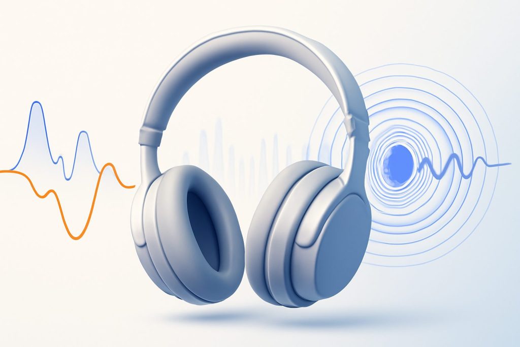 Modern noise-cancelling headphones resting on a elegant wooden table