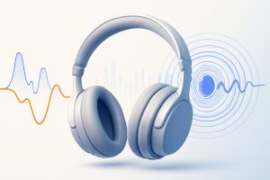 Modern noise-cancelling headphones resting on a elegant wooden table