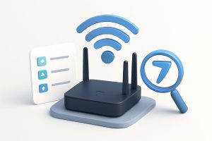Sleek modern Wi-Fi 7 router with glowing LED lights and antennas
