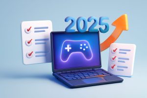 Modern gaming laptop with neon keyboard on a sleek desk setup