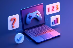 A futuristic gaming laptop with RGB lighting on a modern desk setting