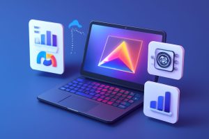 A top-of-the-line gaming laptop with vibrant RGB keyboard lighting, next to gaming accessories