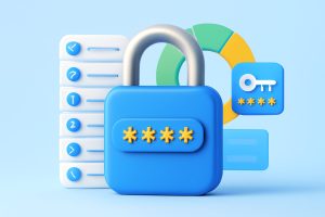 Various electronic devices with digital lock icons and password keys