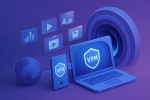Digital devices showcasing VPN connections with abstract global network