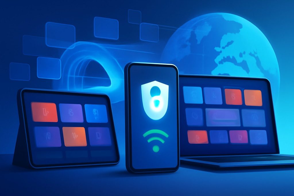 A futuristic digital interface displaying VPN services comparison