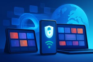 A futuristic digital interface displaying VPN services comparison