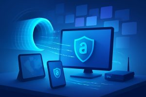 Laptop displaying a secure VPN connection with digital padlock icons