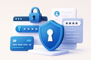 Assorted smartphone and laptop screens showing password manager apps