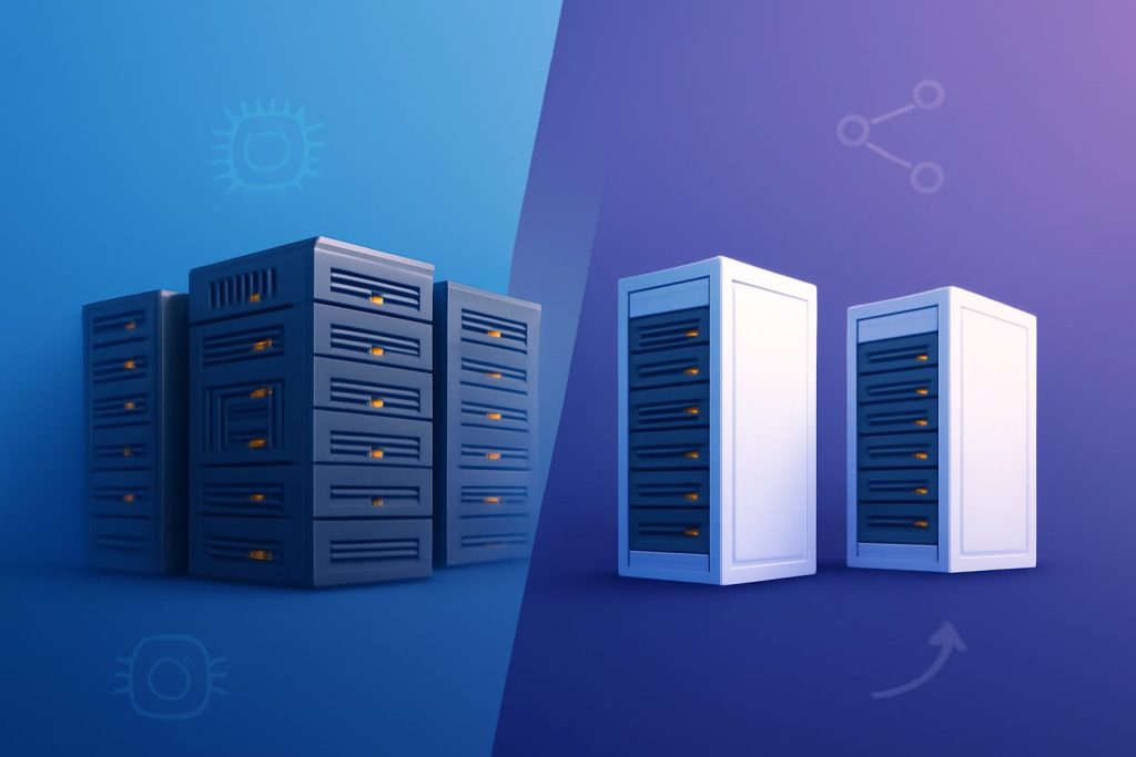 Modern server racks against a futuristic digital landscape
